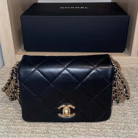RARE Chanel Triple Chain Rows Quilted Lambskin Flap Bag Black Runway Collection - Picture 2 of 15
